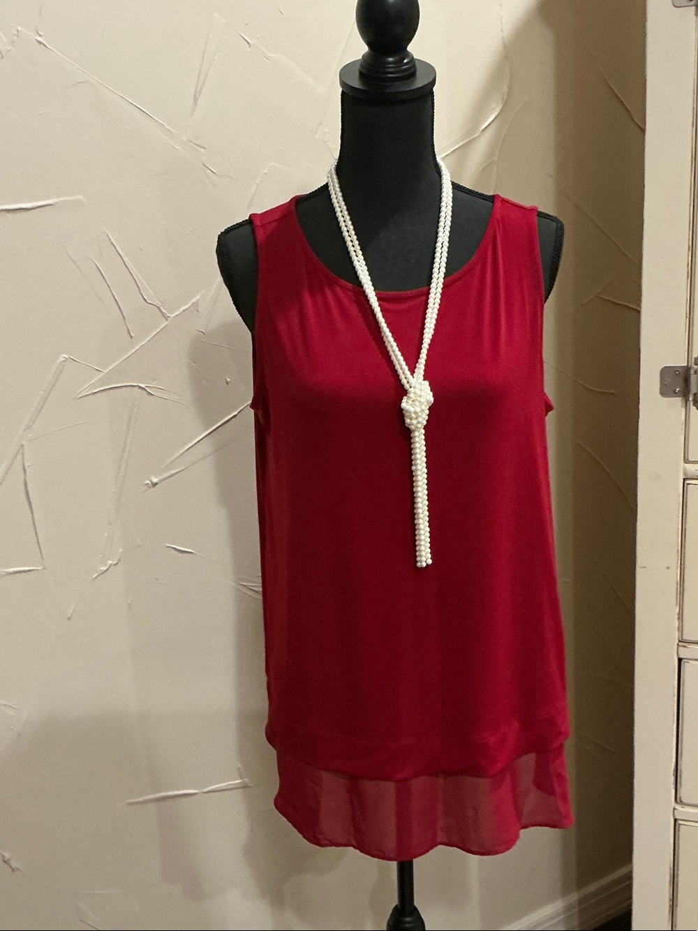 Susan Graver Red Layered Chiffon Hem Sleeveless Tank